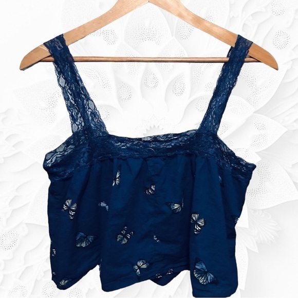 BLUE Butterfly 100% Cotton Camisole Crop Top Size Med - Picture 2 of 2
